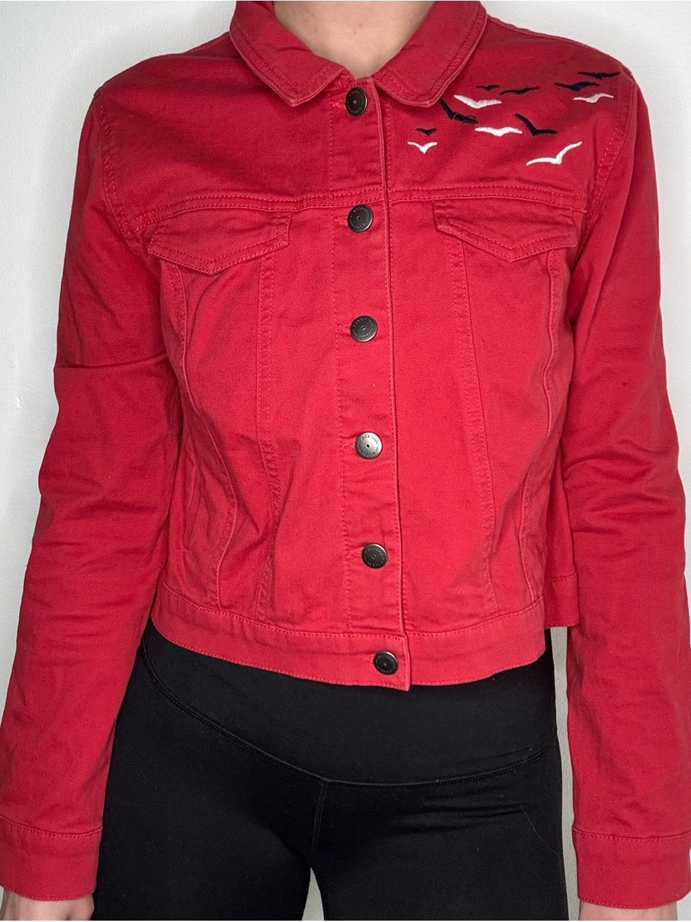 Red BCBGeneration Women's Denim Jacket with Seagull Embroidery